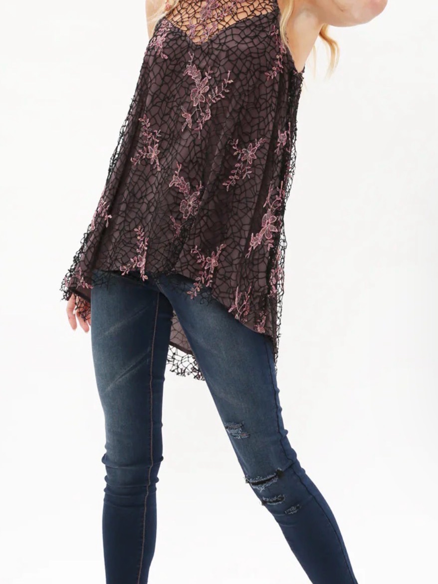 Aratta Monaco Top Black Lace Overlay Cami With Dusty Pink Floral Embroidery